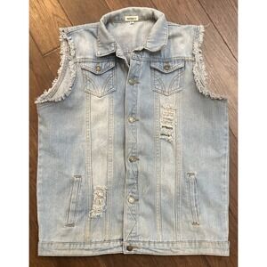 Nasky Light Wash Distressed Ripped Denim Vest Sleeveless Retro Jean Jacket L